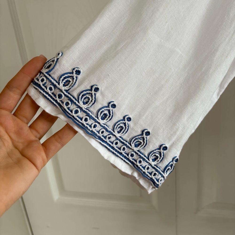 J.Jill White Blue Love Linen Embroidered Bell-Sleeve Tunic L Coastal Boho Preppy - Picture 2 of 8